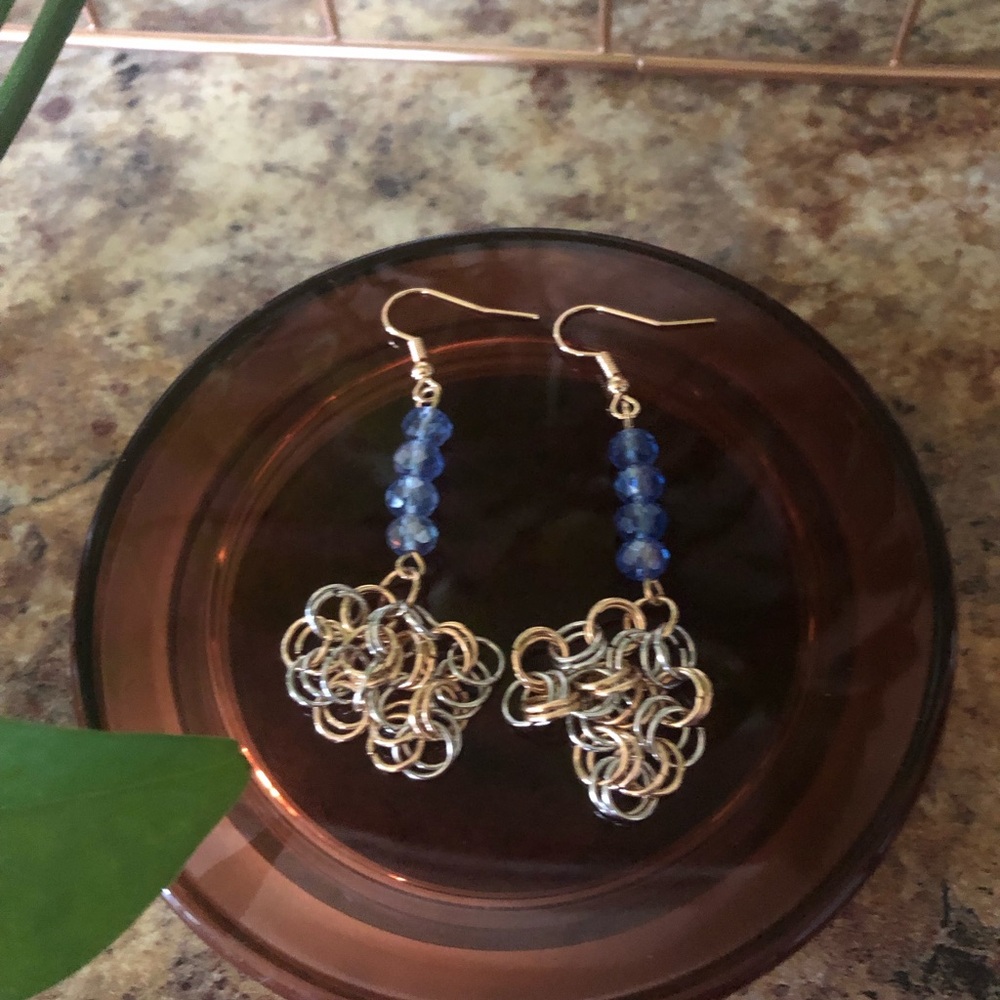 Blue Bead and Gold Chain Cluster Drop Earrings - Women Jewelry